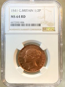 1841 Half Penny, Victoria young head, slabbed by NGC MS64RD - Picture 1 of 2