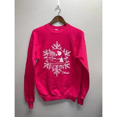 Sudadera De Colección Colorado Copo de Nieve Nieve Hielo Invierno Cuello Redondo Rosa Años 80 Mediana Foto 1 de 4