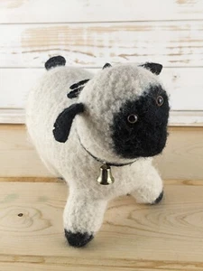 Handmade Primitive Plush Stuffed Sheep Lamb Black Face Feet Ears Tail Bell 9" - Picture 1 of 8