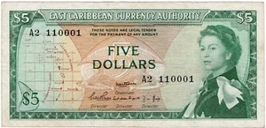 1965 EAST CARIBBEAN 5 DOLLARS NOTE - p14 VF - Picture 1 of 2