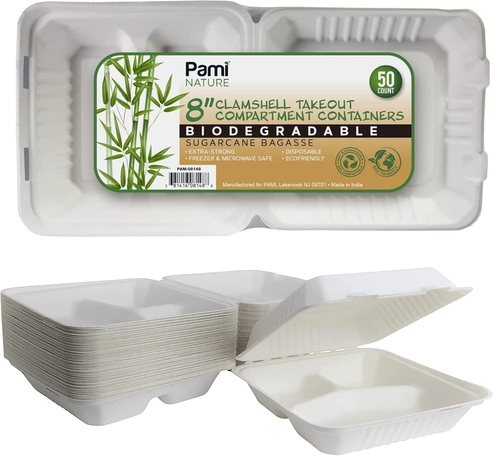 PAMI 8x8 Biodegradable Clamshell Food Containers 200Ct | Compostable To-Go Boxes - Image 1 of 1