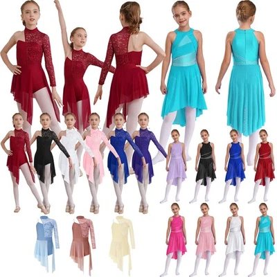 Girls Kids Lace Bodice Ice Skating Dress Long Sleeve Tutu Skirt Leotard Dresses - Image 1 of 3