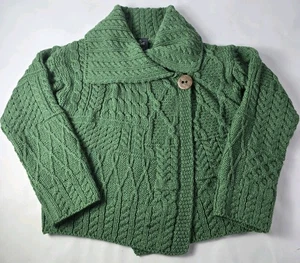 Cardigan vintage Aran Crafts lana merino maglione pescatore WMN XS verde maglia cavo - Foto 1 di 11