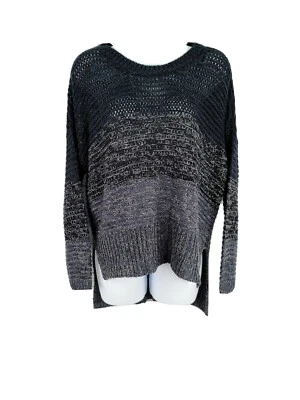 Suéter Quinn Pequeño Tejido con Cable Azul Ombre Hi Lo Manga Larga Cuello Redondo Pullover Foto 1 de 4