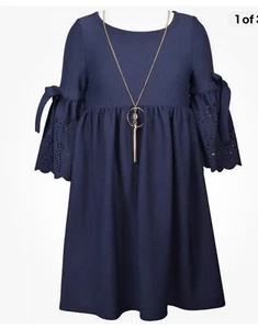 Neu mit Etikett Bonnie Jean Mädchen Größe 12 marineblau Laser geschnitten Glockenärmel Kleid Halskette Set - Bild 1 von 3