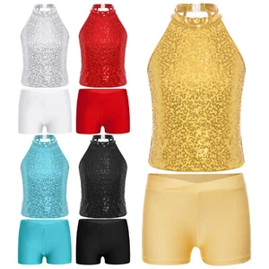 Kids Girls Dancewear Leotards Suit Jazz Outfit Ballet Set Tops 2Pcs Halter - Picture 1 of 48