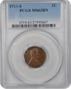 1919-S 1C Lincoln Cent - Type 1 Wheat Reverse PCGS BN #3452-5 MS63 - Bild 1 von 2
