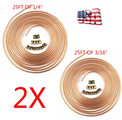 Steel Copper Brake Line Tubing Kit 3/16" 1/4" OD 25 Ft Coil Rolls With Fittings - Image 1 of 4