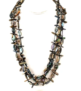 Vtg Triple Strand ABALONE Rainbow Shell HAND KNOTTED Statement Necklace 24" Long - Picture 1 of 12