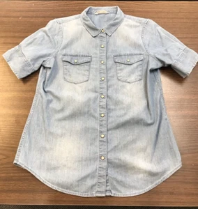 Mountain Khaki Shirt Womens Chambray Pearl Snap Western Blue Short Sleeve Small - Picture 1 of 12