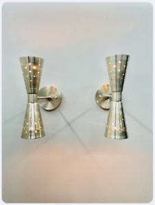Pair of Atomic Mid-Century Modern Bow Tie Dual Cone Wall Sconce Lamps - 50's 60'