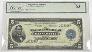 FR. 800 1915 $5 Kansas City Federal Reserve Bank Note Legacy Choice New 63 - Picture 1 of 2