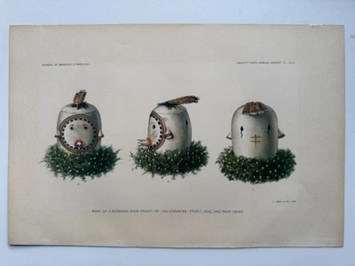 1904 Литография Индейская Маска Зуни Воин Красочная Американская Этнология Печать 11x7 - Изображение 1 из 4