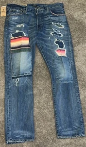 Polo Ralph Lauren Uomo Varick Slim Dritto Serape Patch Distress Jeans 36x32 - Foto 1 di 5