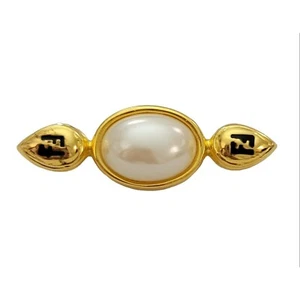 Fendi Gold Tone Signature Faux Pearl Bar Pin Brooch, Signed K50 - Picture 1 of 9