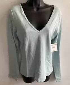 Calvin Klein sz M Sleep PJ Top Light Blue 100% Cotton Knit Long Sleeve V Neck - Picture 1 of 8