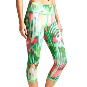 Athleta Leggings S Neon Green & Pink Digital Print Knit Performance Crops - Picture 1 of 7