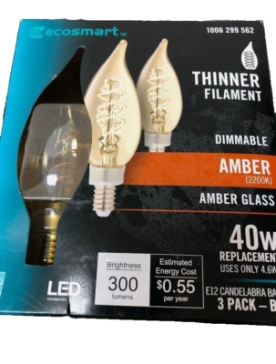 (3) NEW EcoSmart 40W Vintage BA11 Dimmable E12 Thinner Filament Fine LED Amber - Image 1 of 4