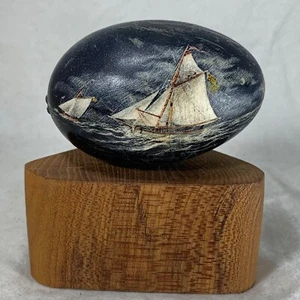 Vintage traditionell geätzt Gänseeier Kunst Schiffe auf See 11x9cm Maria Lancing - Bild 1 von 10