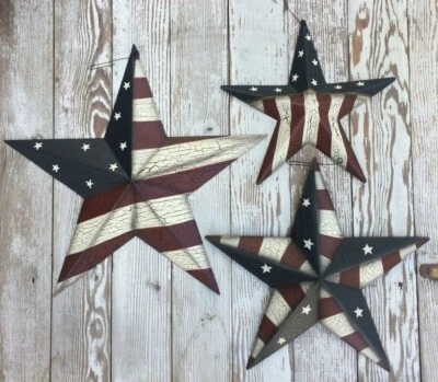 JUEGO DE 3 METAL BANDERA AMERICANA GRANERO ESTRELLAS ESTRELLA GRANJA PATRIÓTICA PRIMITIVA Foto 1 de 4