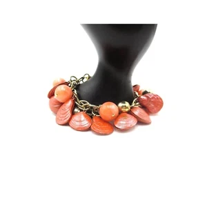 VTG Gold Tone Peach Pink Clam Seashell Beaded 8" Cha Cha Charm Bracelet Beach - Picture 1 of 5