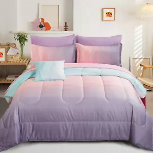 Girls Comforter Set Queen Size Colorful Ombre Blue Pink Purple Rainbow Bedding S - Picture 1 of 7