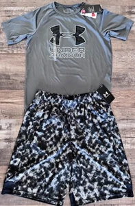 NWT Under Armour YLG Gray/Black/White BIG LOGO Shorts Set Large - Picture 1 of 4