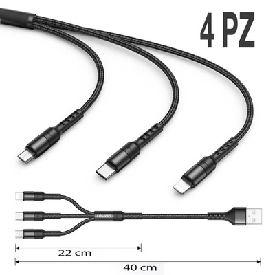 Lotto 4PZ Multi Cavo Di Ricarica, 3 in 1 Multiplo Micro USB Tipo C 40CM - NERO - Immagine 1 di 3