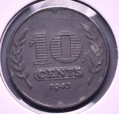 1943 ~ Netherlands ~ 10 Cents Silver Coin - WW2 Era Coin ~ AU ~ *R172 - Image 1 of 3
