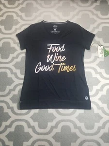 Rohe Fäden schwarzes Damen-T-Shirt ""Food Wine Good Times"" Größe M neu - Bild 1 von 5
