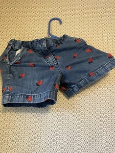 Hanna Andersson Denim Strawberry Embroidered Shorts Size 8 Girls Lined Stretch - Picture 1 of 2