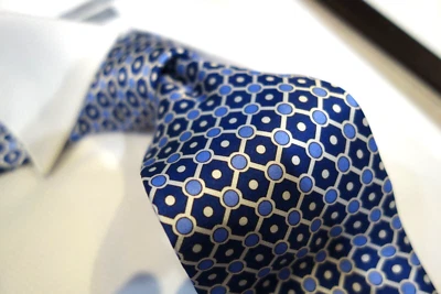 Bruno Marchesi Silk Print Tie Necktie Navy Baby Blue White Tile Medallion - Image 1 of 2