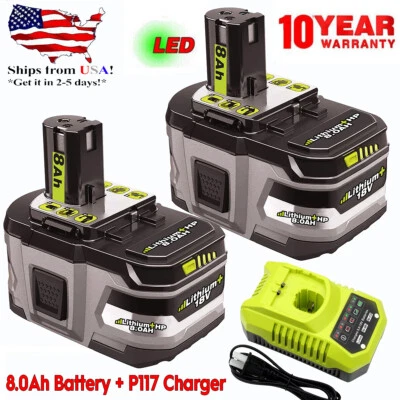 for RYOBI ONE+ 18V Lithium-Ion 8.0 Ah Battery (2-Pack) and P117 Charger Kits NEW