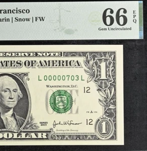 2003A $1 Federal Reserve Note PMG 66EPQ wanted low serial number birthday 703 - Picture 1 of 3