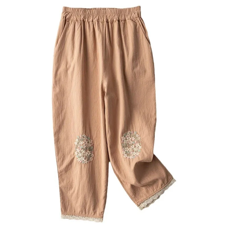 Womens Summer Pants Ethnic style retro embroidery cotton linen harem Trouser New - Image 1 of 4