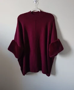 Alfani Womens Poncho Pullover Sweater Size XL Burgundy Mock Neck Faux Fur Cuff - Picture 1 of 8