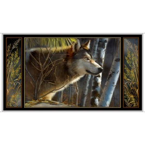 Wolf Animal Fabric Majestic Wolves Wild Nature Scene Trees QT Cotton 24" Panel - Picture 1 of 1