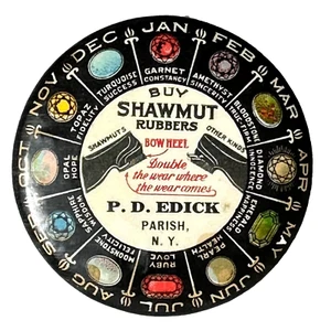 1920s Buy Shawmut Rubbers P.D. Edick PARISH NY 2" Celluloid Pocket Mirror - Imagen 1 de 3