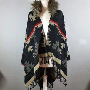NAVAJO Poncho Aztec Mexican Blanket Wrap Fur Collar Oversized Black Red Size O/S - Picture 1 of 24