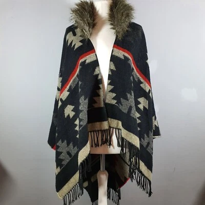 NAVAJO Poncho Aztec Mexican Blanket Wrap Fur Collar Oversized Black Red Size O/S - Image 1 of 4