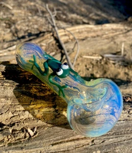 Frog On Tobacco Smoking Glass Pipe Bowl Agua Azul(handmade)Silver Fumed. - Picture 1 of 5