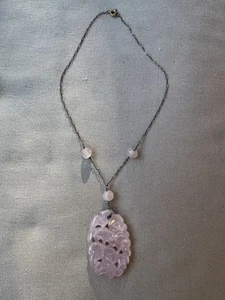 Antique Chinese 14K Gold? Clasp Carved Rose Quartz Beads Pendant Silver Necklace - Picture 1 of 18