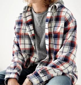 AMERICAN EAGLE Shacket uomo L pesante in flanella a quadri con cappuccio staccabile - Foto 1 di 22