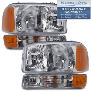 Fits 99-06 GMC Sierra / 00-06 Yukon Headlights Pair 4 Piece Set Halogen Chrome - Picture 1 of 8