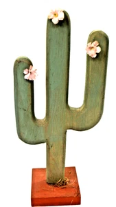 Hand Carved Southwestern Wood Sahuaro Cactus with applied Floral Figure 12.5" - Picture 1 of 6
