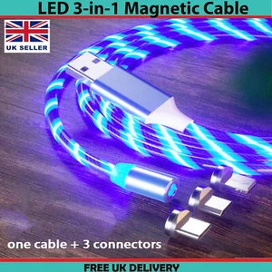 3 in 1 Magnetic LED Charger USB Cable Fast Charging Lead for iPhone Type-C Micro - Picture 1 of 11