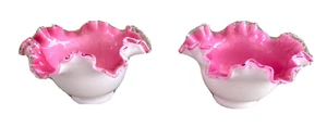 Pair of Fenton Pink on White, Glass Bowls, Silver Crest Ruffled Edges 6-1/2" - Picture 1 of 8