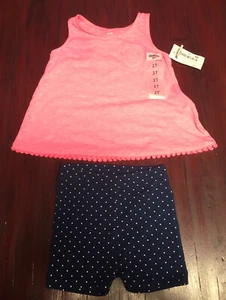 Osh Kosh Neon Pink Pompom Trim Tank & Blue White Polka Dot Shorts Sz 2T - Picture 1 of 6