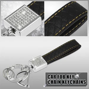 Car Fob Key Chain Rhinestone for Men and Women Faux Leather Black - Picture 1 of 7