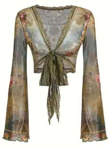 New Sheer Mesh Multicolour Crop Tie Top Blouse Lace Stretch Floral Bohemian 10 M - Picture 1 of 6